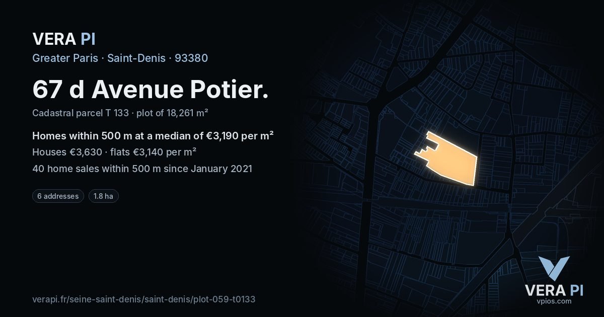 67 d Avenue Potier, Saint-Denis at night – the plot lit, the parcels around coloured by the prices near them
