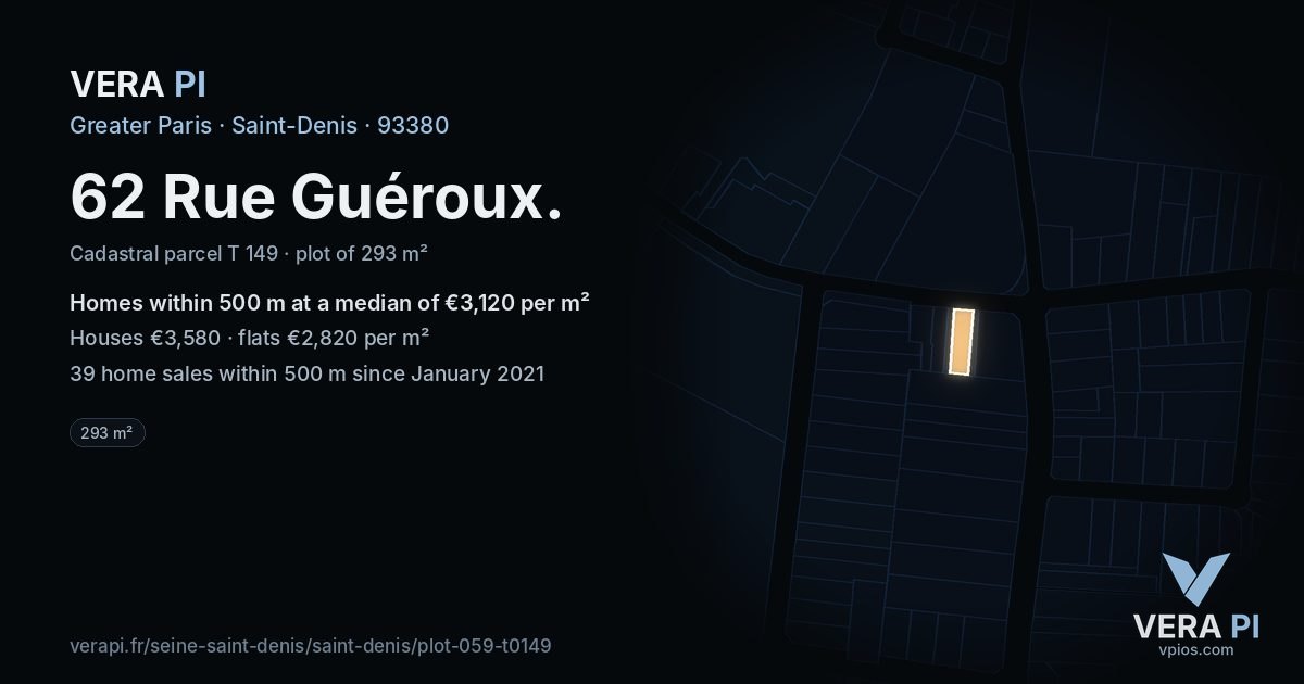 62 Rue Guéroux, Saint-Denis at night – the plot lit, the parcels around coloured by the prices near them