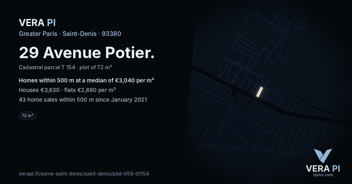 29 Avenue Potier, Saint-Denis at night – the plot lit, the parcels around coloured by the prices near them