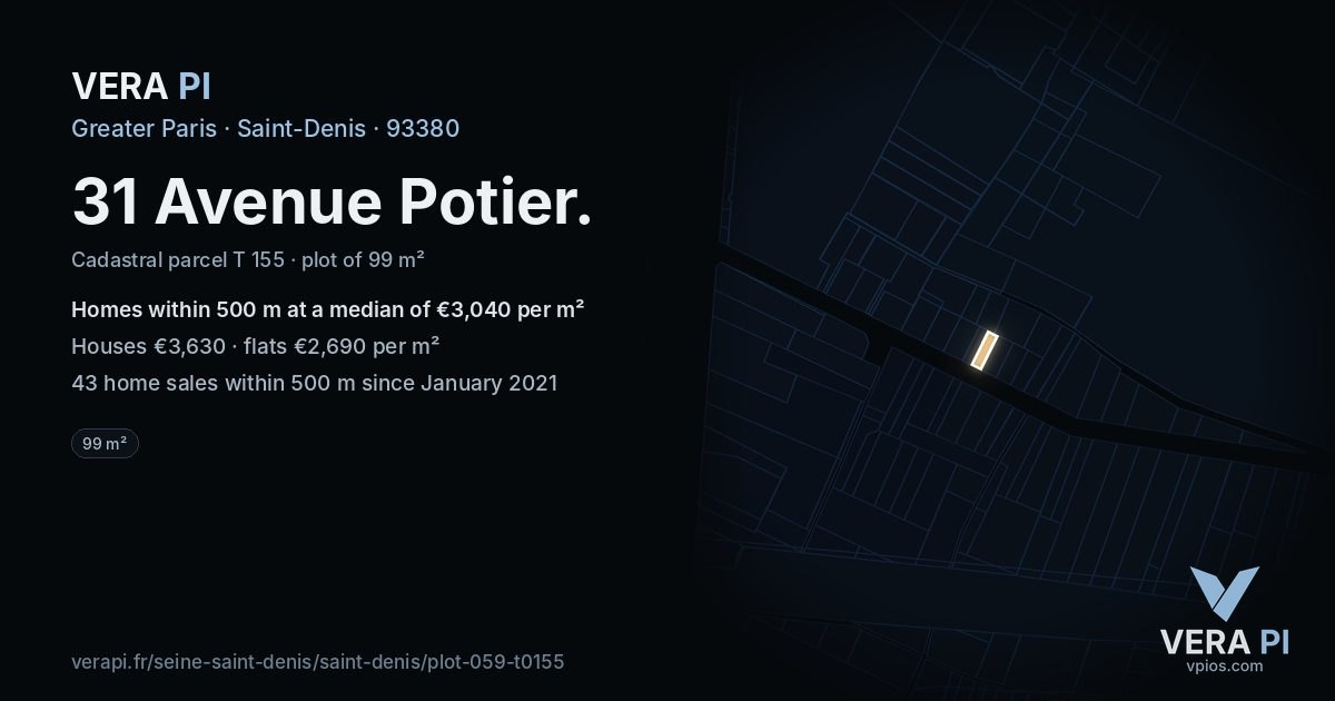 31 Avenue Potier, Saint-Denis at night – the plot lit, the parcels around coloured by the prices near them