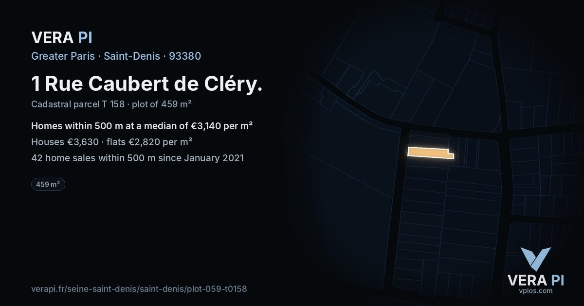 1 Rue Caubert de Cléry, Saint-Denis at night – the plot lit, the parcels around coloured by the prices near them