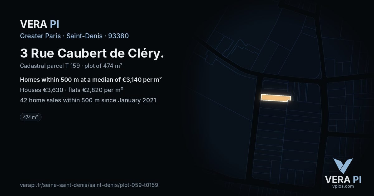 3 Rue Caubert de Cléry, Saint-Denis at night – the plot lit, the parcels around coloured by the prices near them