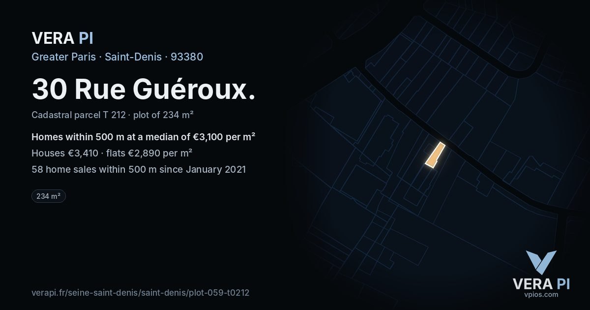 30 Rue Guéroux, Saint-Denis at night – the plot lit, the parcels around coloured by the prices near them