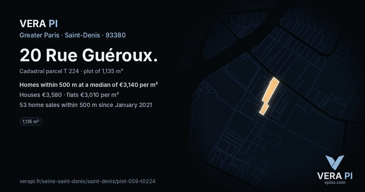 20 Rue Guéroux, Saint-Denis at night – the plot lit, the parcels around coloured by the prices near them