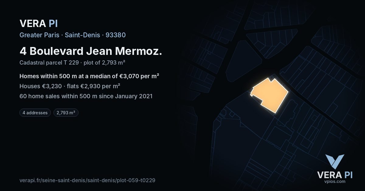 4 Boulevard Jean Mermoz, Saint-Denis at night – the plot lit, the parcels around coloured by the prices near them
