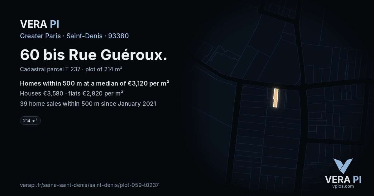 60 bis Rue Guéroux, Saint-Denis at night – the plot lit, the parcels around coloured by the prices near them