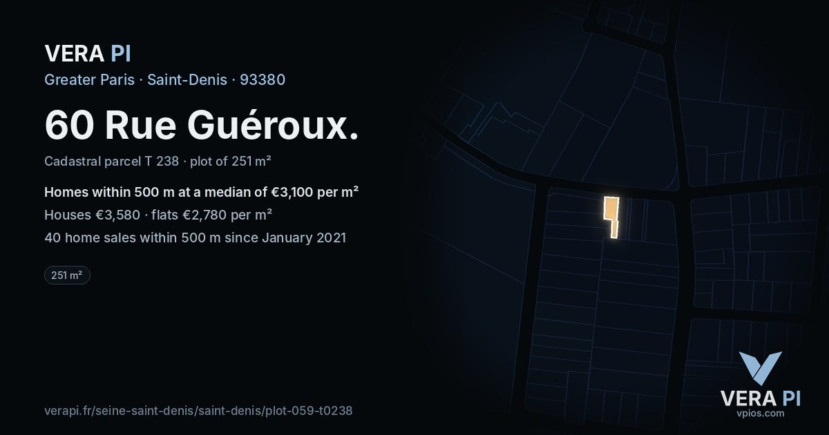 60 Rue Guéroux, Saint-Denis at night – the plot lit, the parcels around coloured by the prices near them