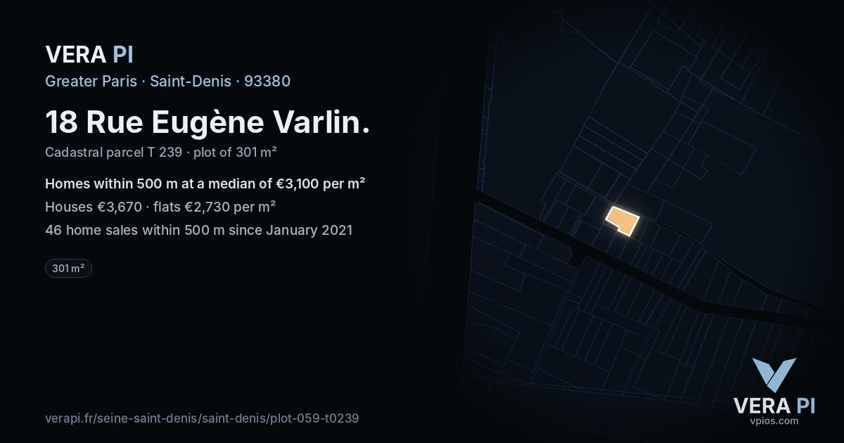 18 Rue Eugène Varlin, Saint-Denis at night – the plot lit, the parcels around coloured by the prices near them
