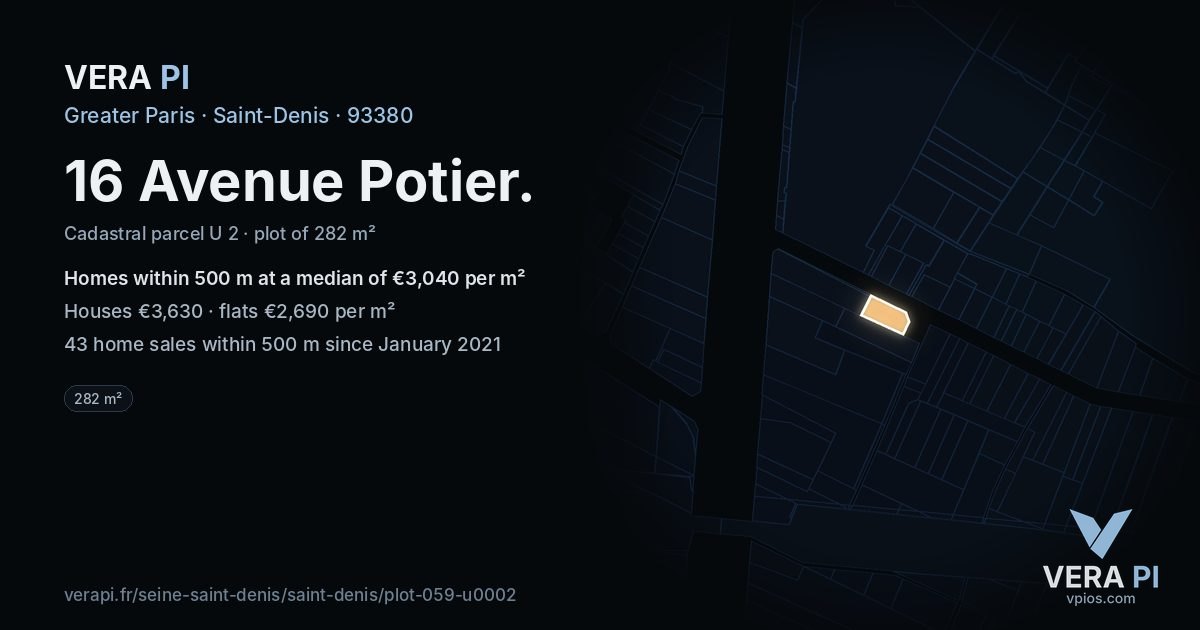 16 Avenue Potier, Saint-Denis at night – the plot lit, the parcels around coloured by the prices near them