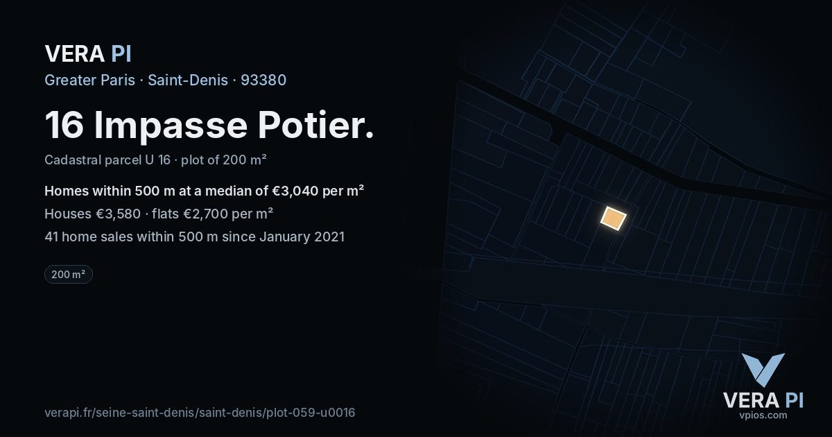 16 Impasse Potier, Saint-Denis at night – the plot lit, the parcels around coloured by the prices near them