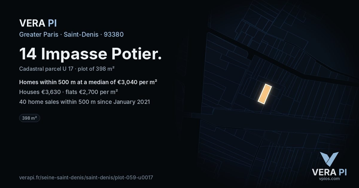 14 Impasse Potier, Saint-Denis at night – the plot lit, the parcels around coloured by the prices near them