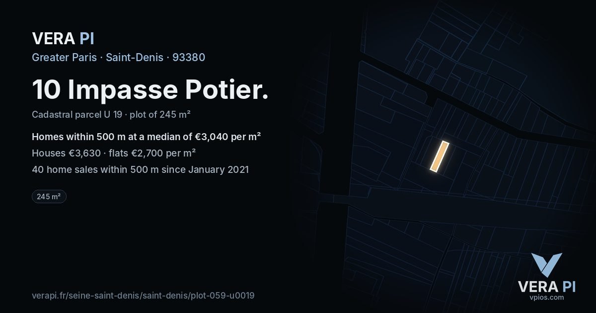 10 Impasse Potier, Saint-Denis at night – the plot lit, the parcels around coloured by the prices near them