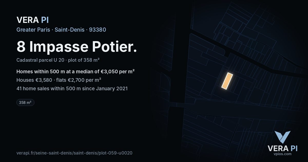 8 Impasse Potier, Saint-Denis at night – the plot lit, the parcels around coloured by the prices near them