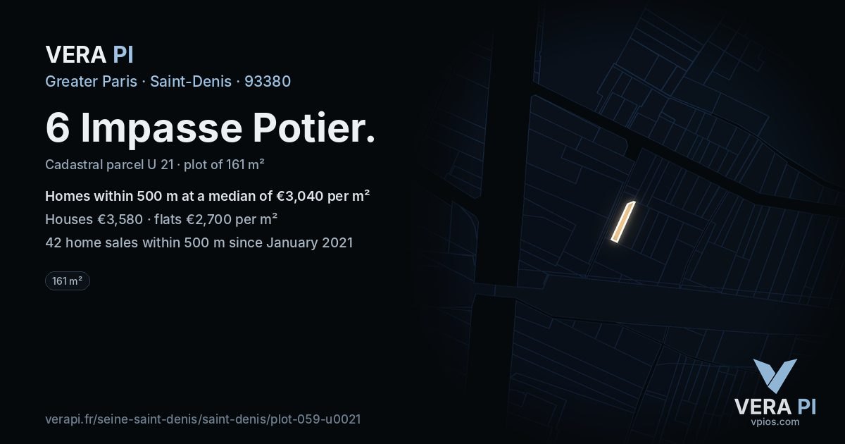 6 Impasse Potier, Saint-Denis at night – the plot lit, the parcels around coloured by the prices near them
