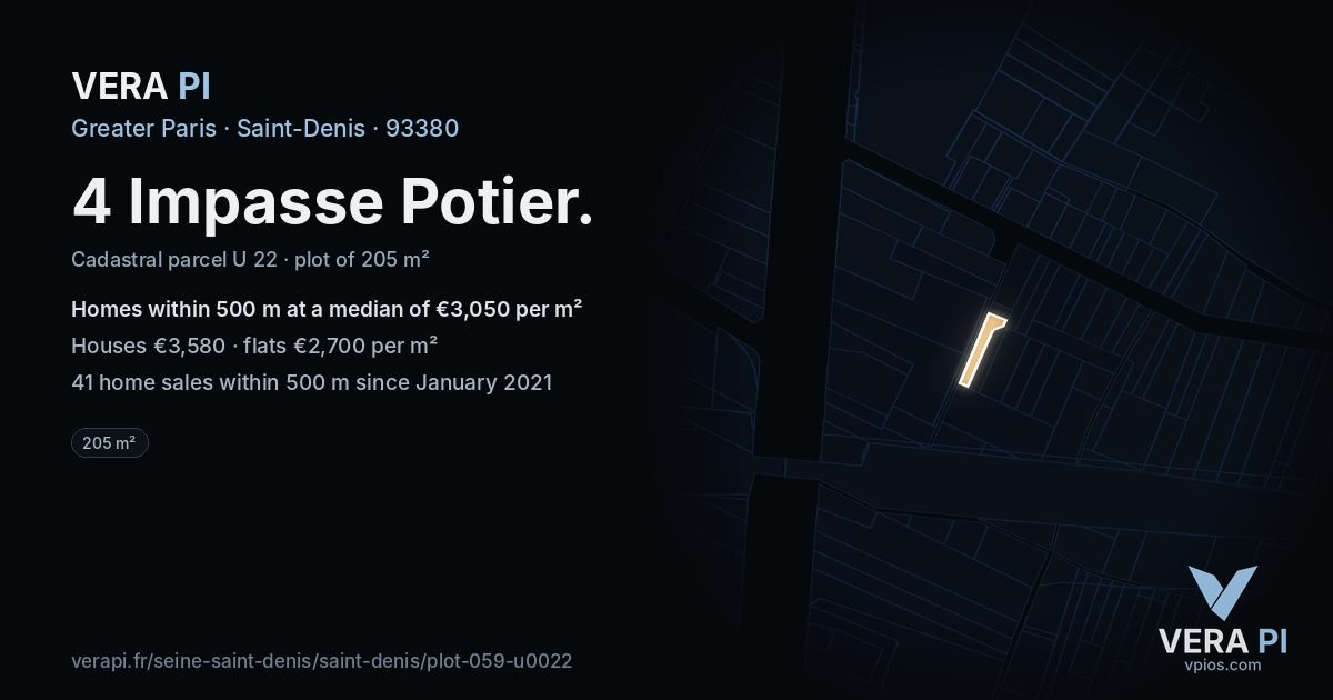 4 Impasse Potier, Saint-Denis at night – the plot lit, the parcels around coloured by the prices near them