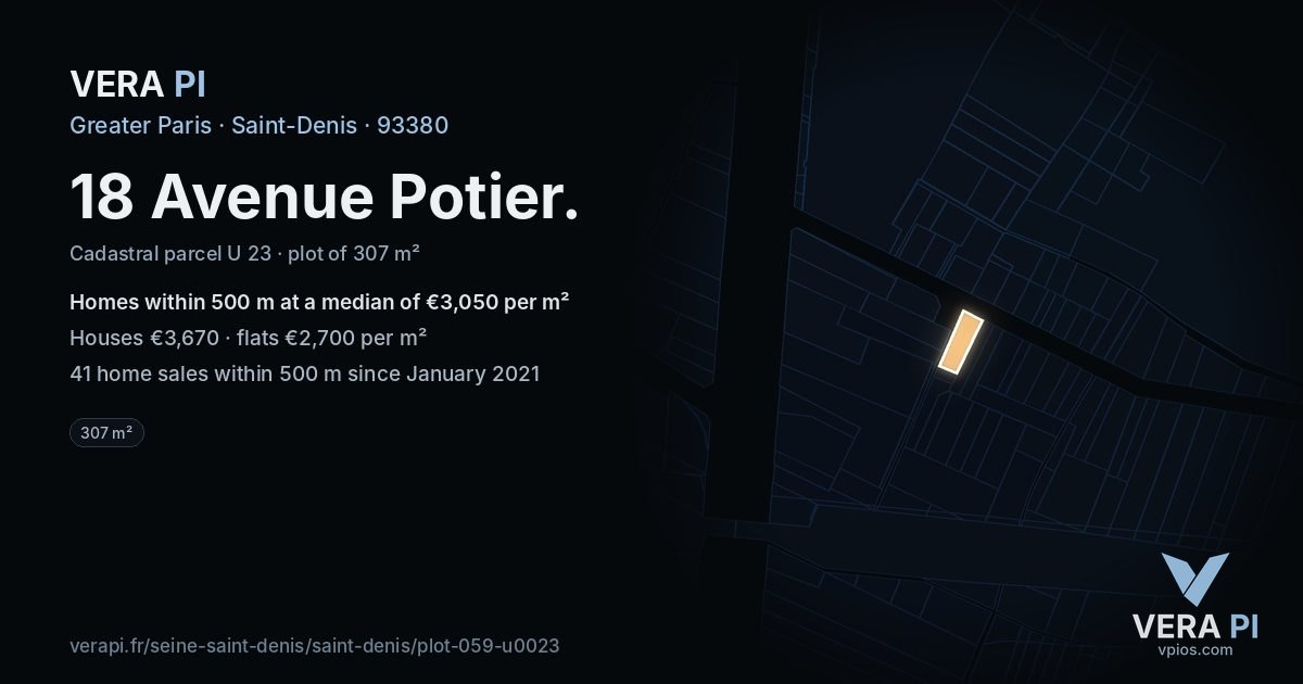 18 Avenue Potier, Saint-Denis at night – the plot lit, the parcels around coloured by the prices near them