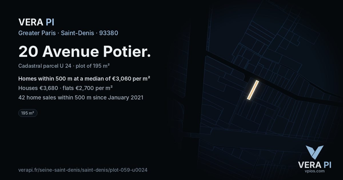 20 Avenue Potier, Saint-Denis at night – the plot lit, the parcels around coloured by the prices near them