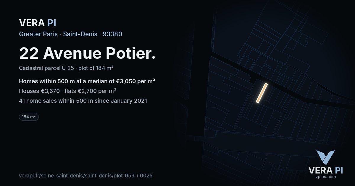 22 Avenue Potier, Saint-Denis at night – the plot lit, the parcels around coloured by the prices near them