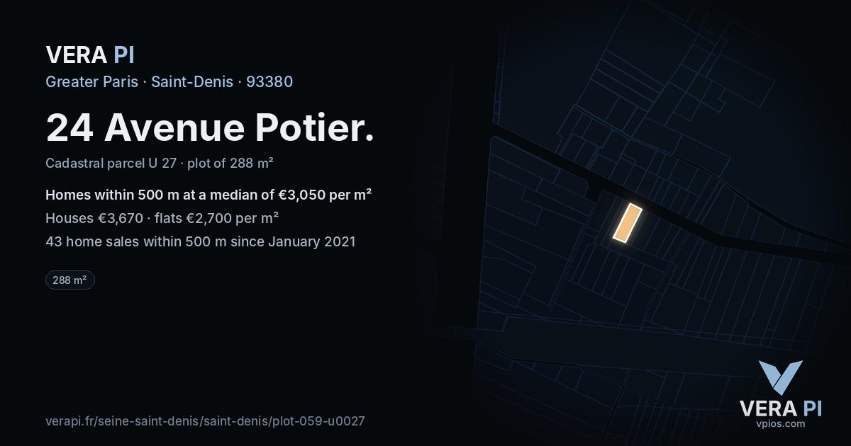 24 Avenue Potier, Saint-Denis at night – the plot lit, the parcels around coloured by the prices near them