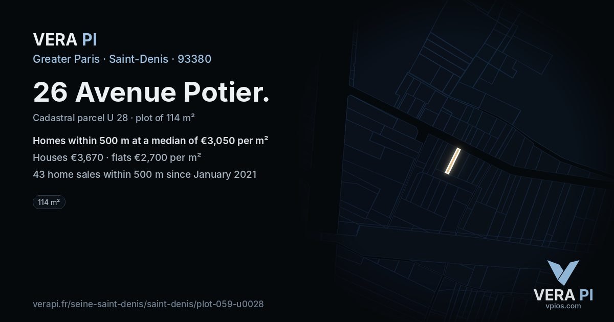 26 Avenue Potier, Saint-Denis at night – the plot lit, the parcels around coloured by the prices near them