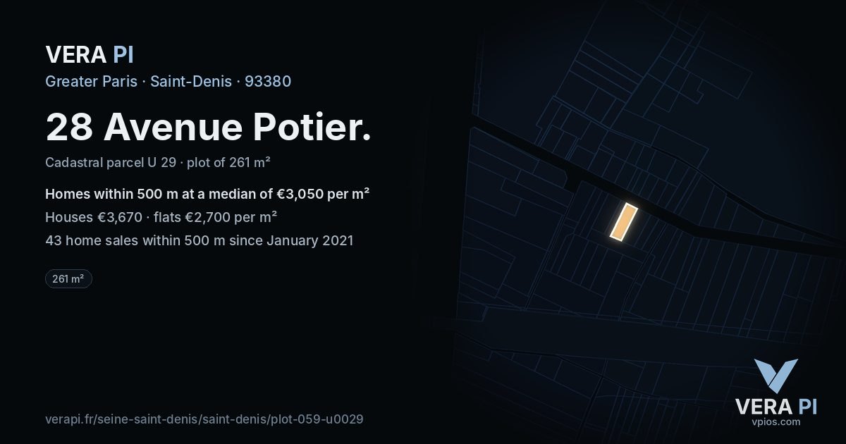 28 Avenue Potier, Saint-Denis at night – the plot lit, the parcels around coloured by the prices near them