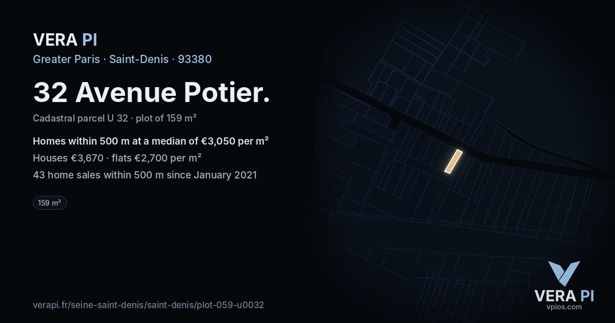 32 Avenue Potier, Saint-Denis at night – the plot lit, the parcels around coloured by the prices near them