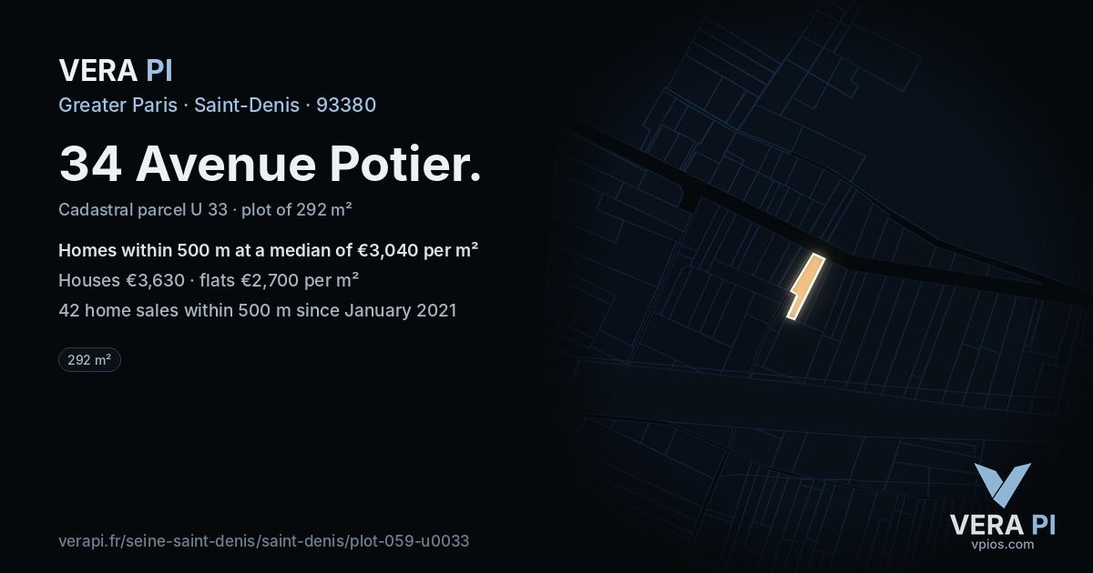 34 Avenue Potier, Saint-Denis at night – the plot lit, the parcels around coloured by the prices near them