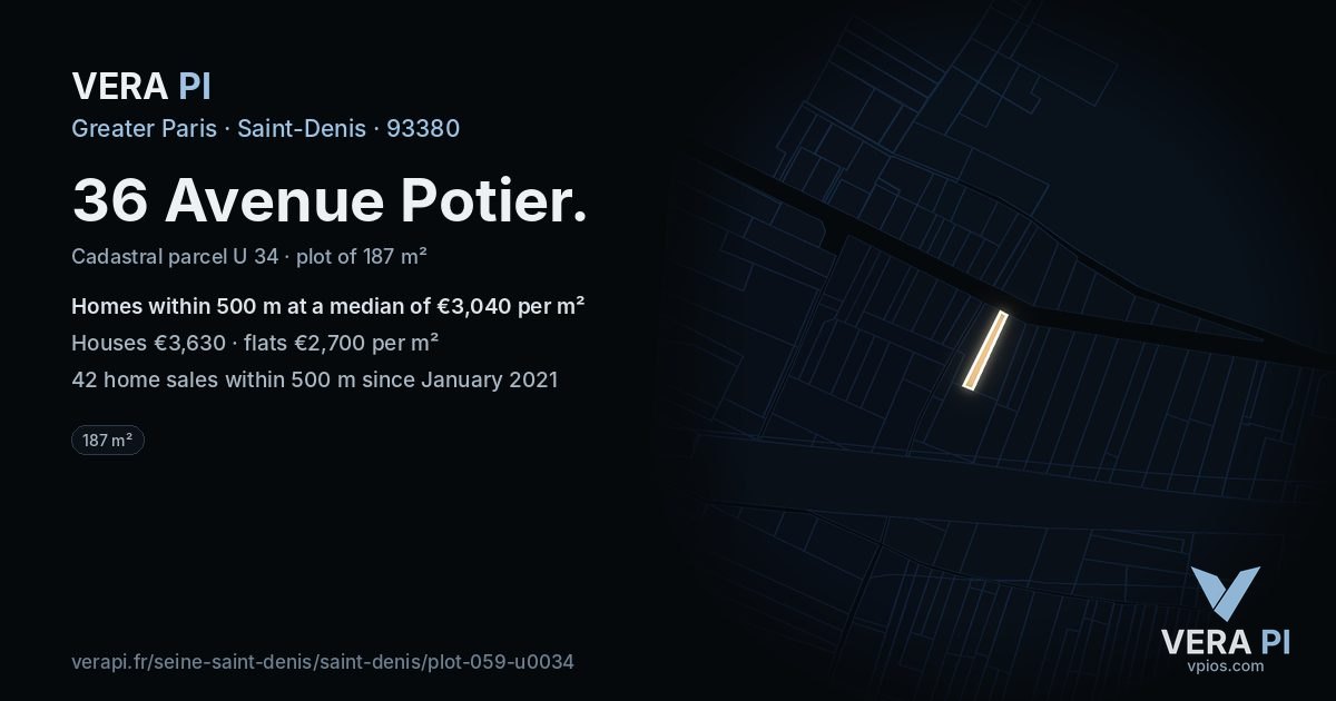 36 Avenue Potier, Saint-Denis at night – the plot lit, the parcels around coloured by the prices near them