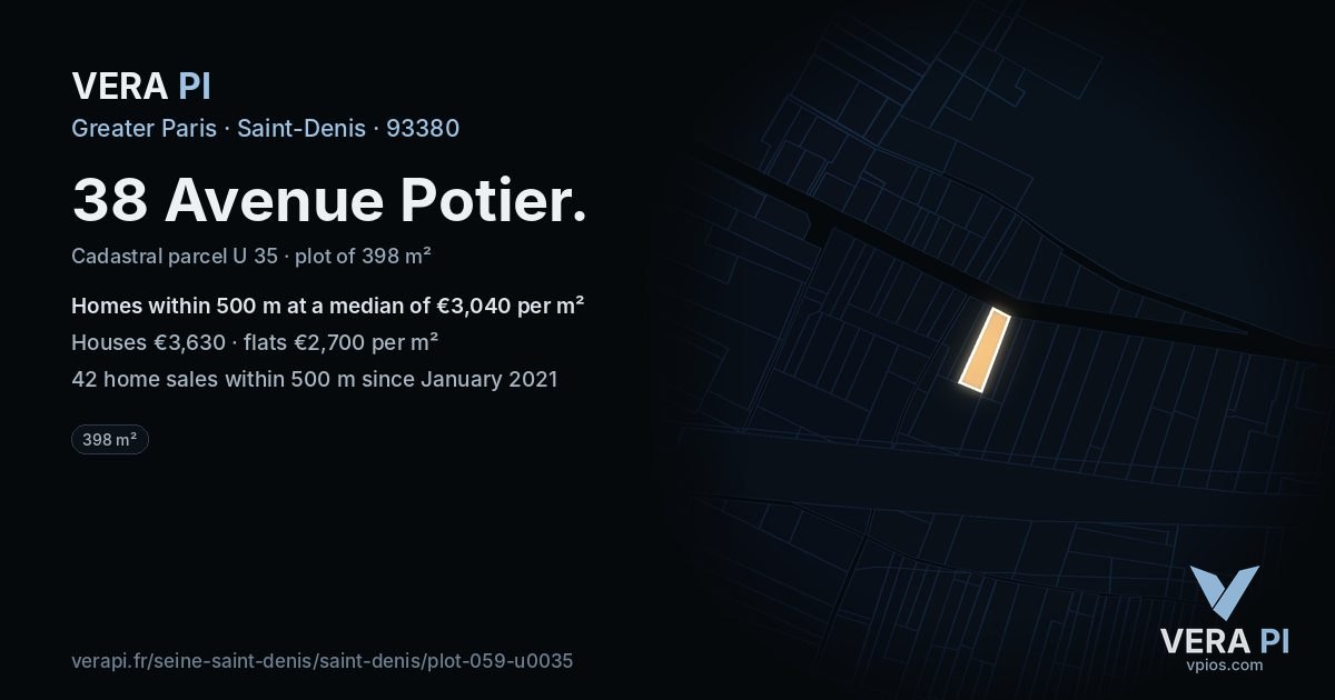 38 Avenue Potier, Saint-Denis at night – the plot lit, the parcels around coloured by the prices near them