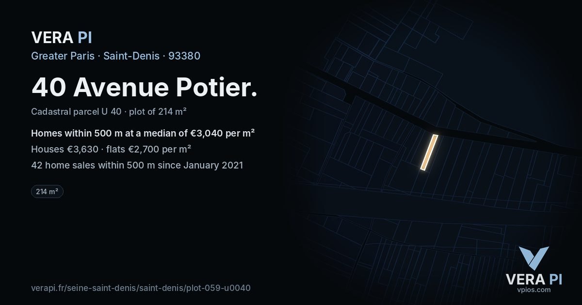 40 Avenue Potier, Saint-Denis at night – the plot lit, the parcels around coloured by the prices near them