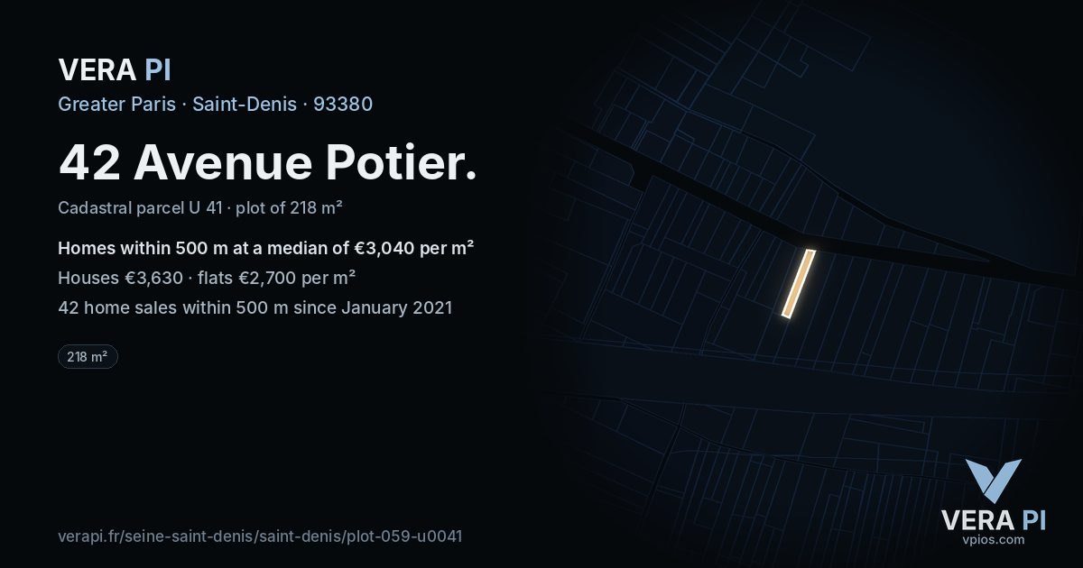 42 Avenue Potier, Saint-Denis at night – the plot lit, the parcels around coloured by the prices near them