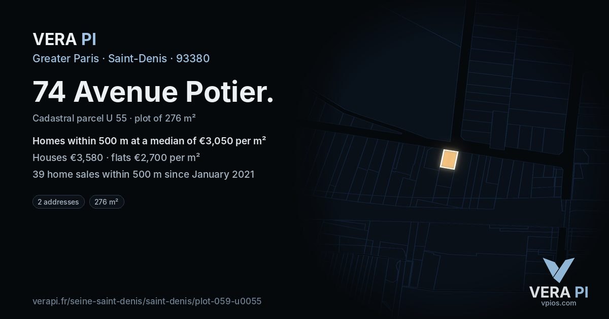 74 Avenue Potier, Saint-Denis at night – the plot lit, the parcels around coloured by the prices near them