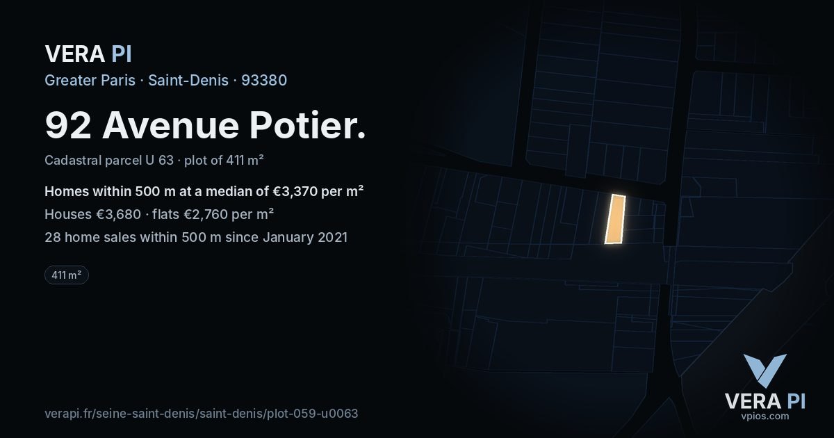 92 Avenue Potier, Saint-Denis at night – the plot lit, the parcels around coloured by the prices near them
