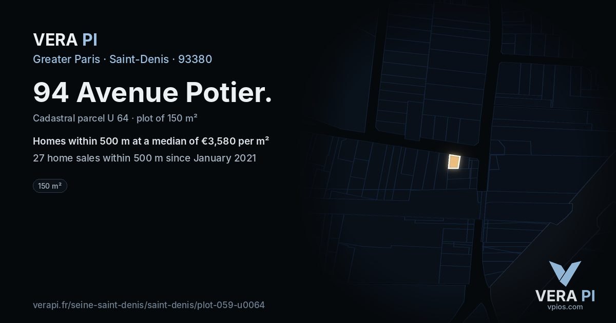 94 Avenue Potier, Saint-Denis at night – the plot lit, the parcels around coloured by the prices near them