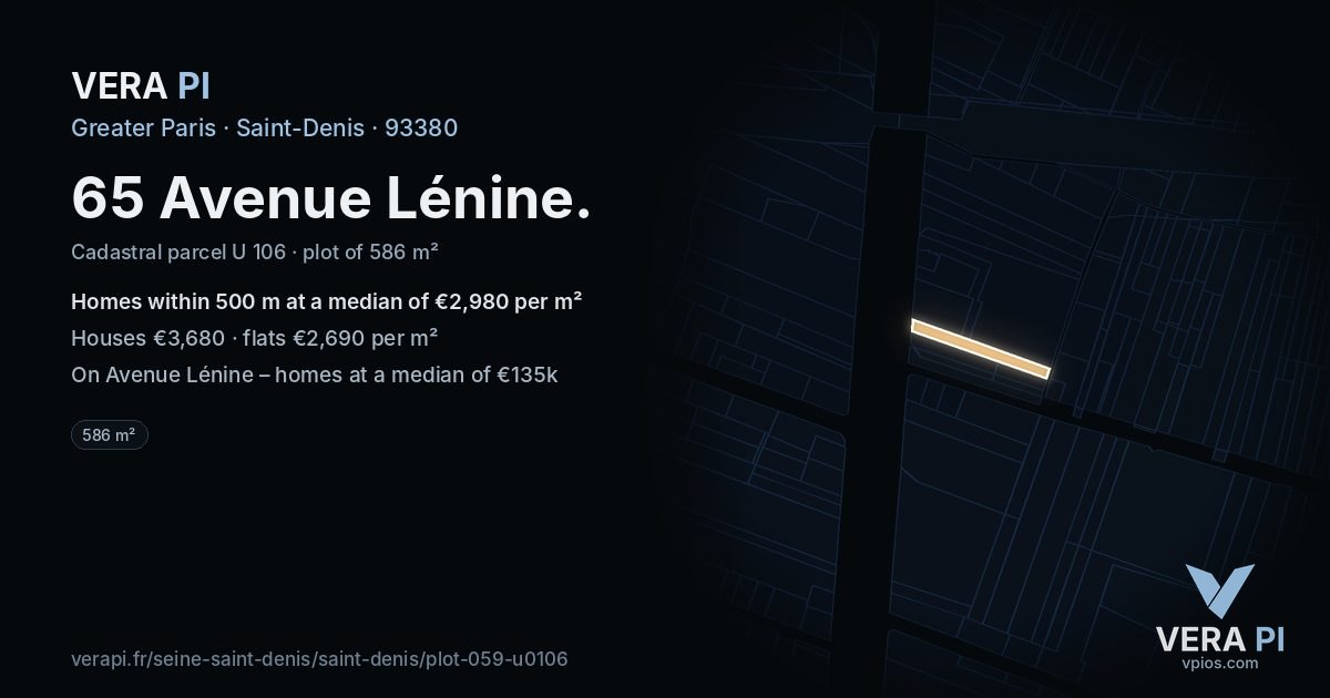 65 Avenue Lénine, Saint-Denis at night – the plot lit, the parcels around coloured by the prices near them