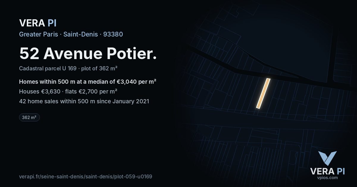 52 Avenue Potier, Saint-Denis at night – the plot lit, the parcels around coloured by the prices near them