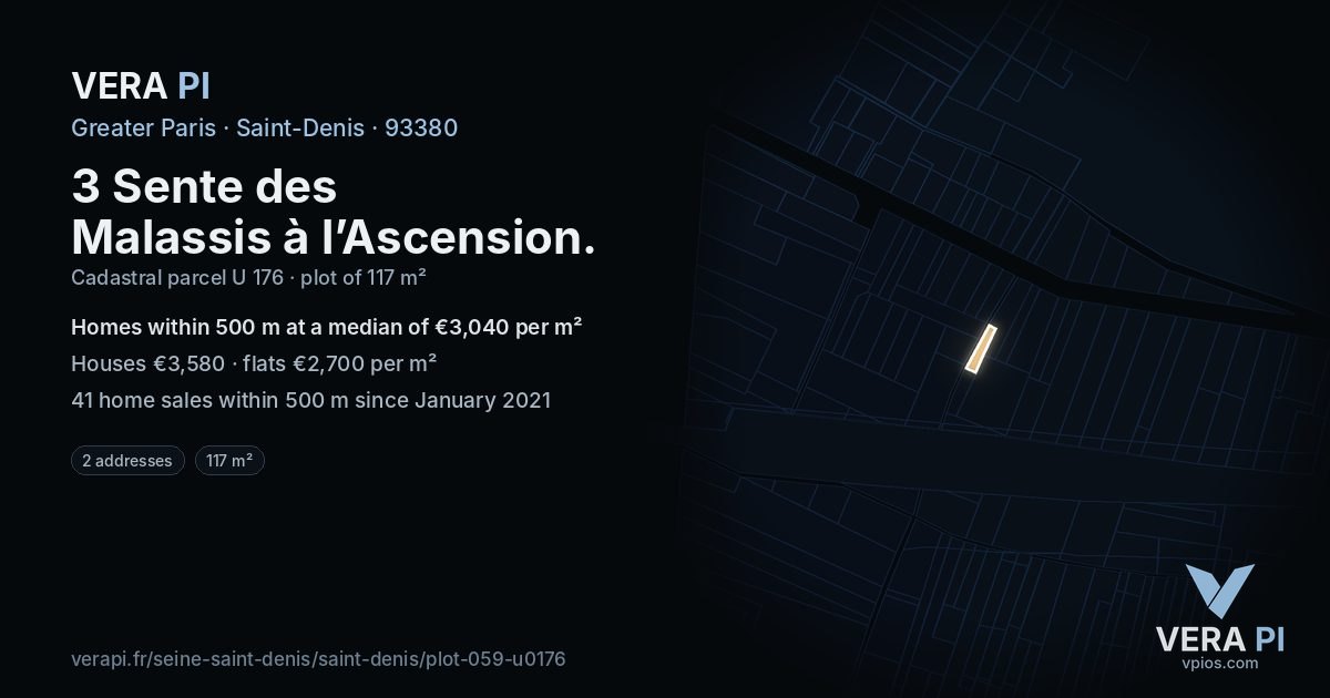 3 Sente des Malassis à l’Ascension, Saint-Denis at night – the plot lit, the parcels around coloured by the prices near them