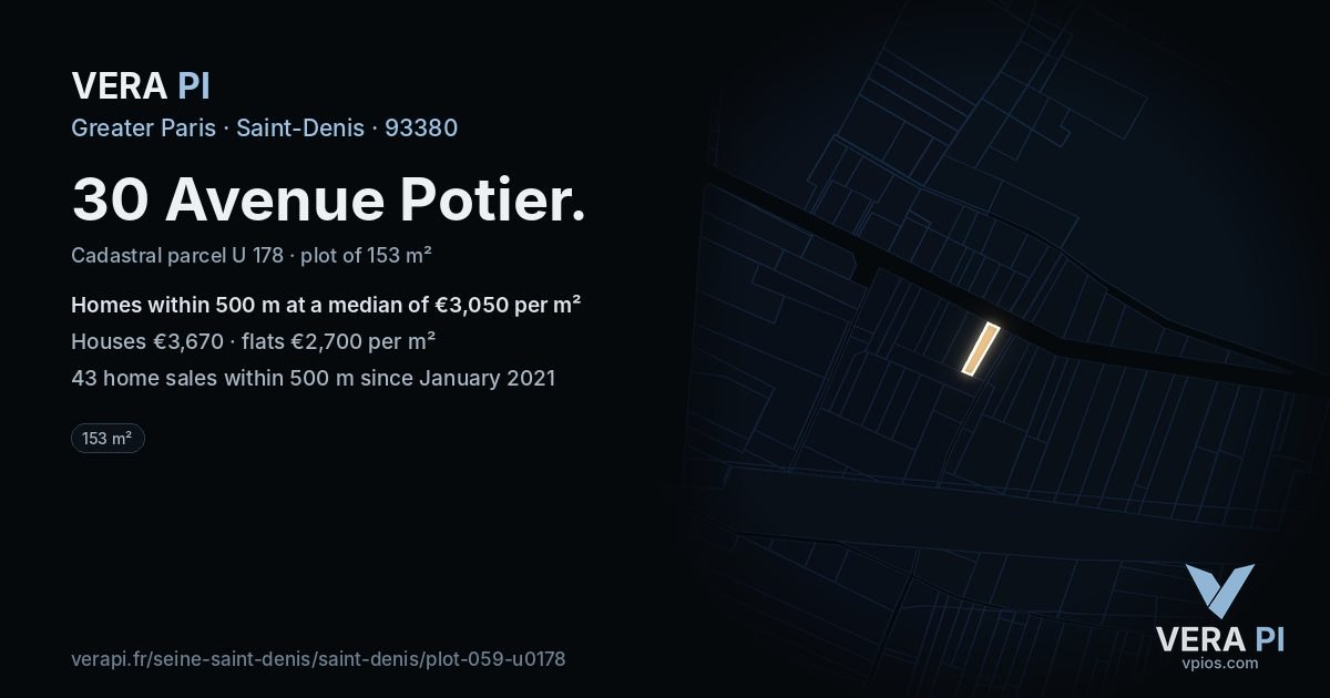 30 Avenue Potier, Saint-Denis at night – the plot lit, the parcels around coloured by the prices near them