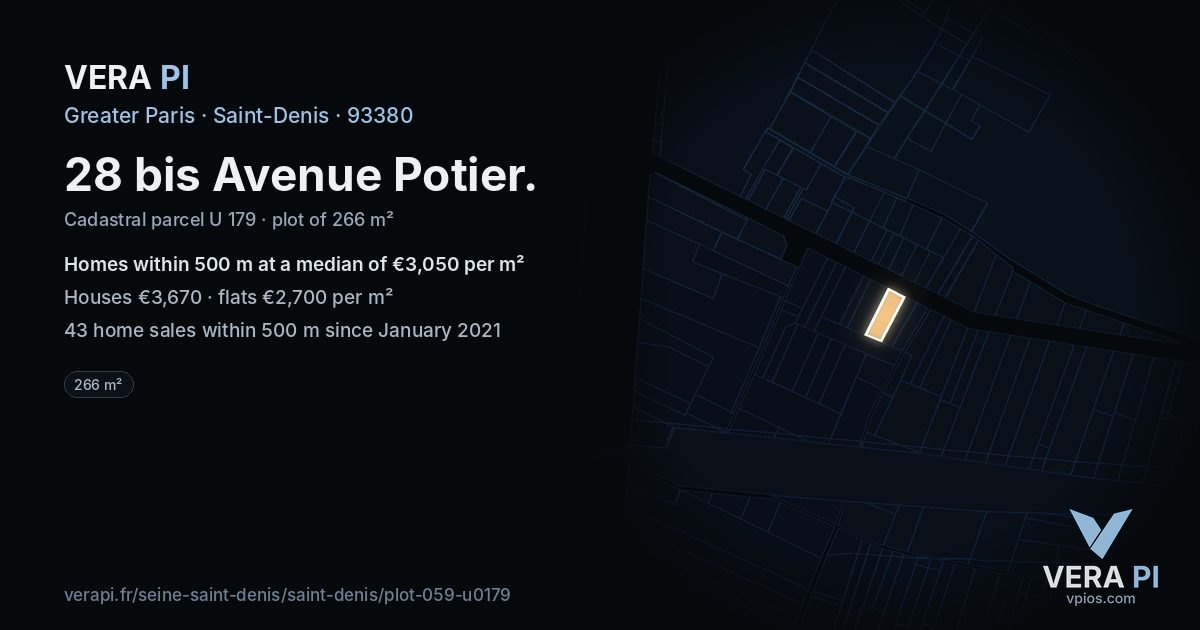 28 bis Avenue Potier, Saint-Denis at night – the plot lit, the parcels around coloured by the prices near them