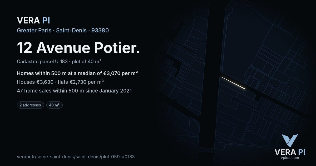 12 Avenue Potier, Saint-Denis at night – the plot lit, the parcels around coloured by the prices near them
