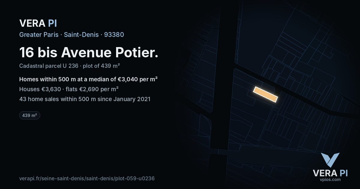 16 bis Avenue Potier, Saint-Denis at night – the plot lit, the parcels around coloured by the prices near them