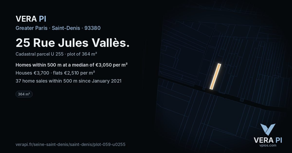 25 Rue Jules Vallès, Saint-Denis at night – the plot lit, the parcels around coloured by the prices near them