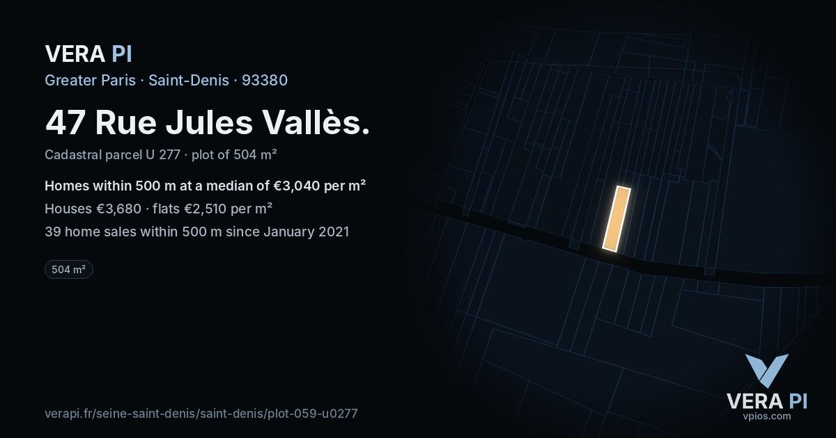 47 Rue Jules Vallès, Saint-Denis at night – the plot lit, the parcels around coloured by the prices near them
