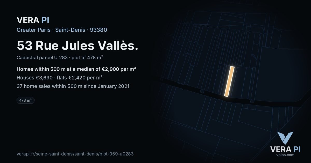 53 Rue Jules Vallès, Saint-Denis at night – the plot lit, the parcels around coloured by the prices near them
