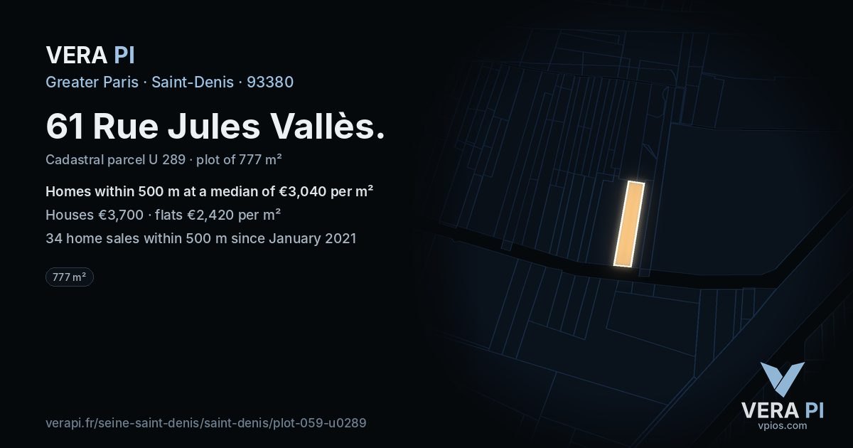61 Rue Jules Vallès, Saint-Denis at night – the plot lit, the parcels around coloured by the prices near them