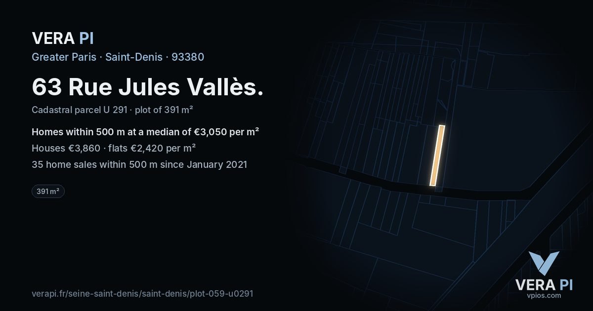 63 Rue Jules Vallès, Saint-Denis at night – the plot lit, the parcels around coloured by the prices near them