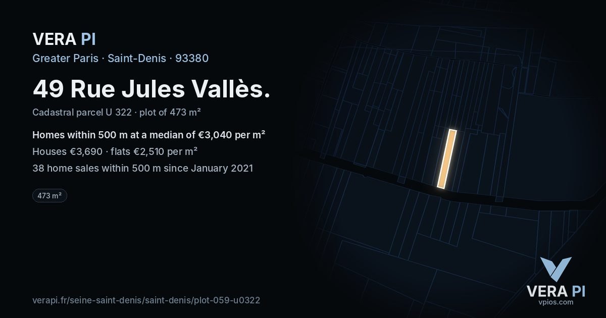 49 Rue Jules Vallès, Saint-Denis at night – the plot lit, the parcels around coloured by the prices near them