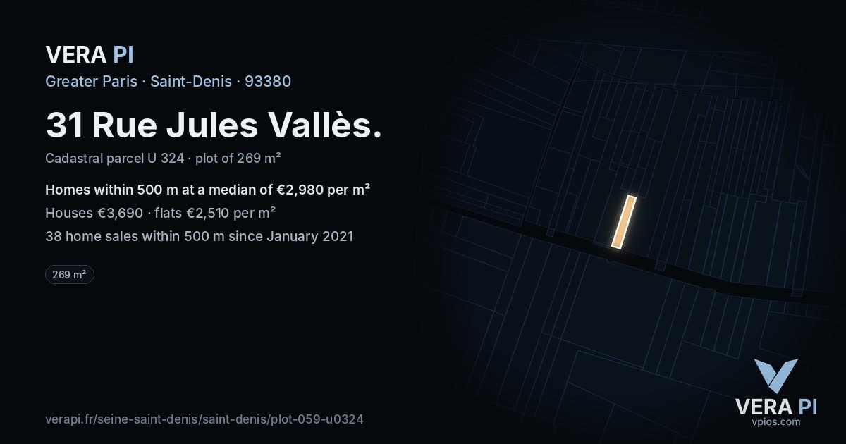 31 Rue Jules Vallès, Saint-Denis at night – the plot lit, the parcels around coloured by the prices near them