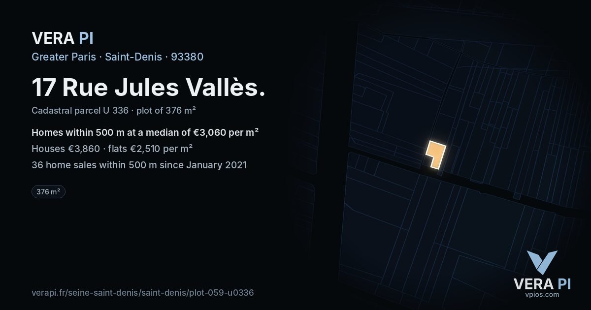 17 Rue Jules Vallès, Saint-Denis at night – the plot lit, the parcels around coloured by the prices near them