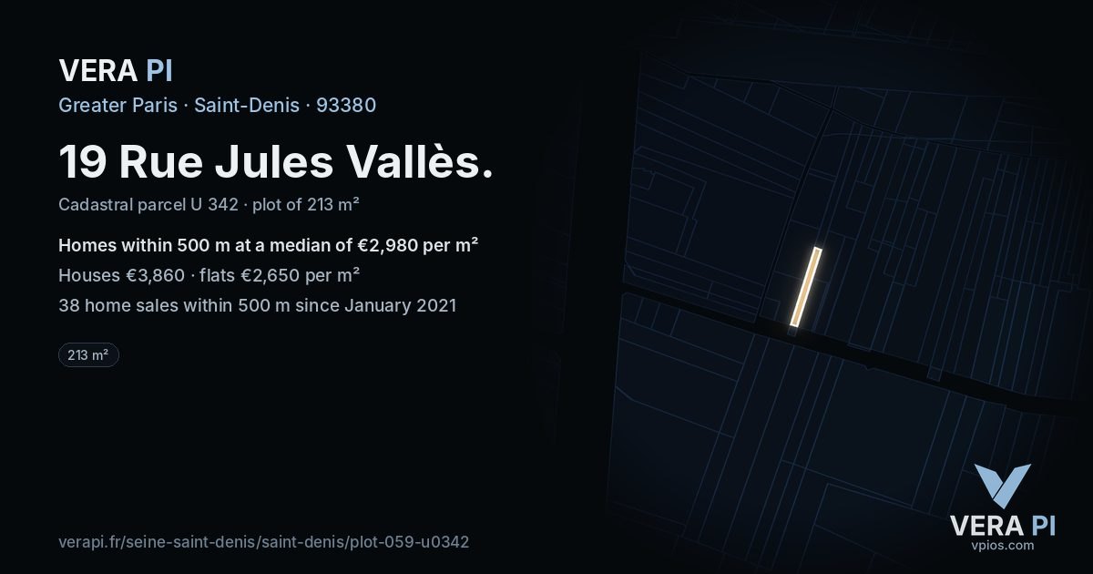 19 Rue Jules Vallès, Saint-Denis at night – the plot lit, the parcels around coloured by the prices near them